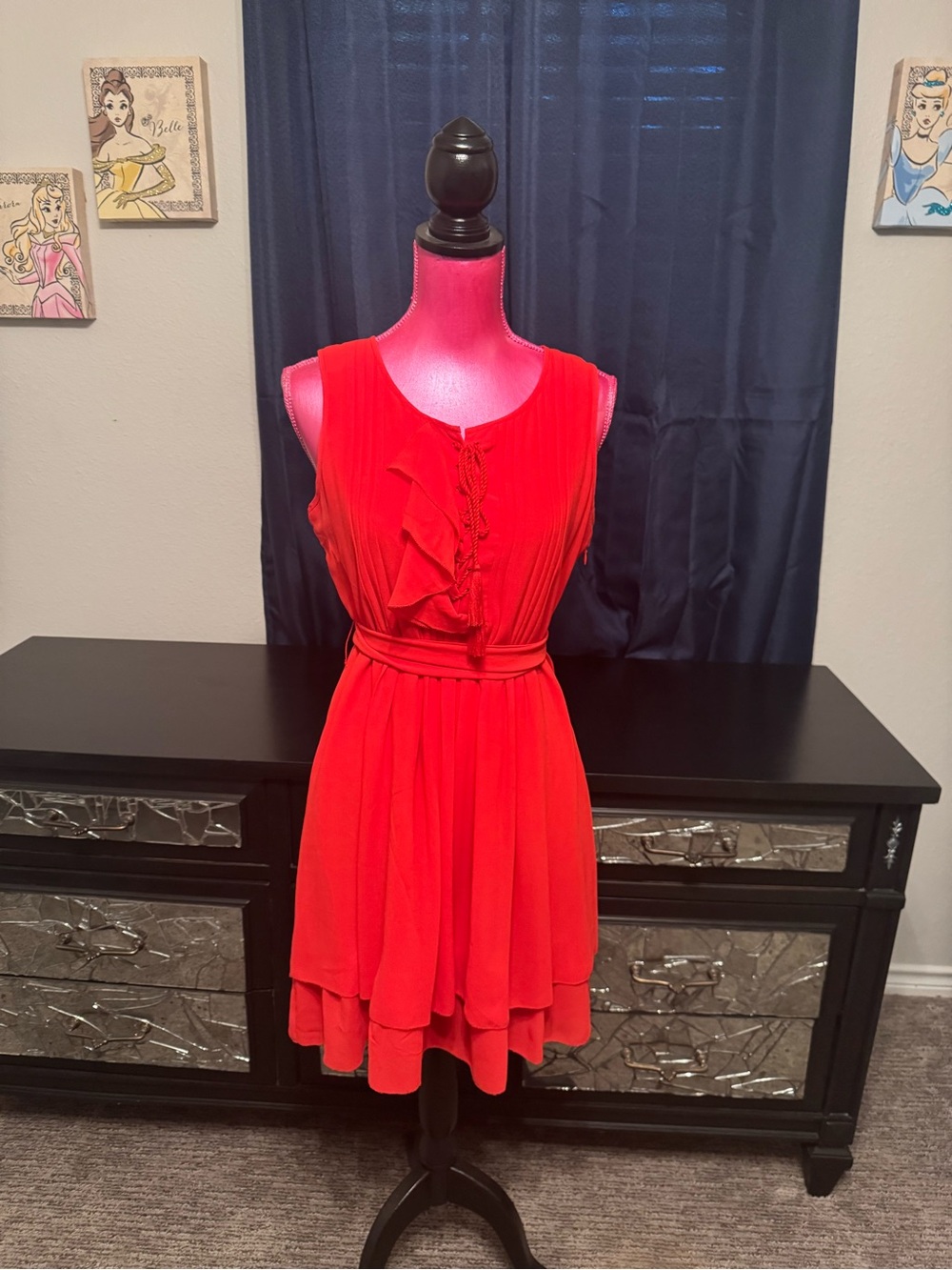 Uncle Frank Vibrant Red Sleeveless Ruffle Waist-Tie Mini Dress